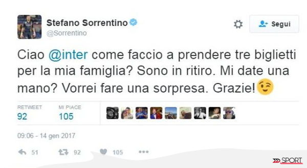 Sorrentino chiede all’Inter tre biglietti. I tifosi lo prendono in giro