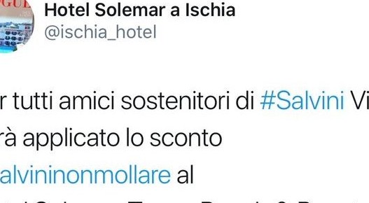 Ischia, l’hotel che ti offre lo sconto se sostieni Salvini