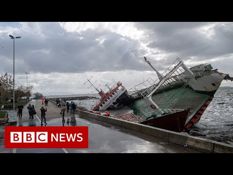 Man dodges falling concrete as storm tears through Turkey - BBC News