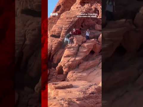 Men filmed destroying ancient rock formation near Las Vegas. #Shorts #LasVegas #BBCNews