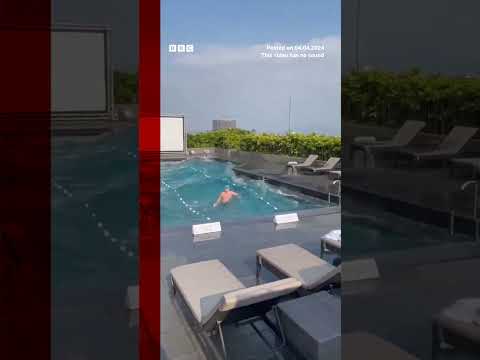 Rooftop pool seen shaking as 7.4 magnitude earthquake hits Taiwan. #Taiwan #BBCNews