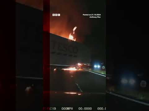 Tesco lorry crashes and bursts into flames. #Motorway #BBCNews
