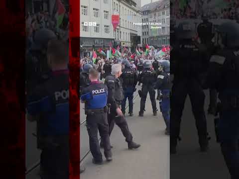 Pro-Palestinian demonstrators gathered in Basel ahead of Eurovision. #BBCNews