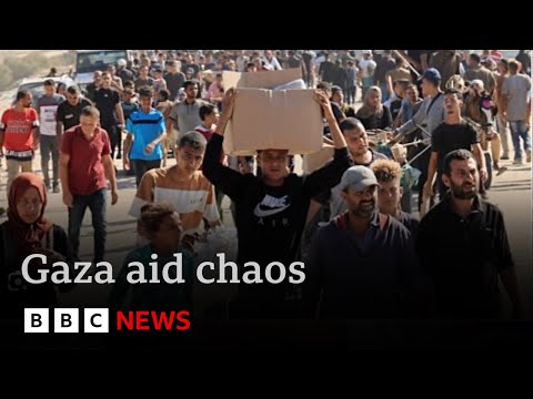 Desperate Palestinians overrun controversial food distribution site in Gaza | BBC News