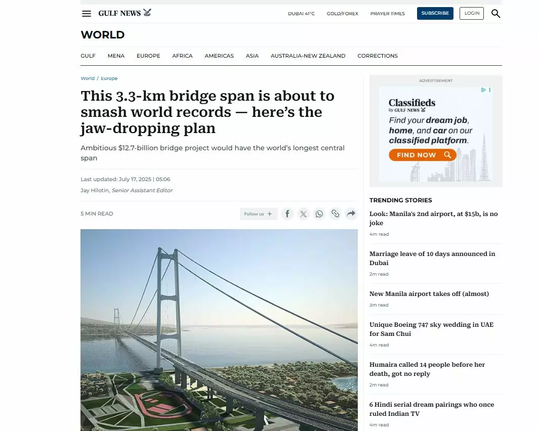 Il quotidiano di Dubai Gulf News: “Il Ponte di Messina un progetto epocale”
