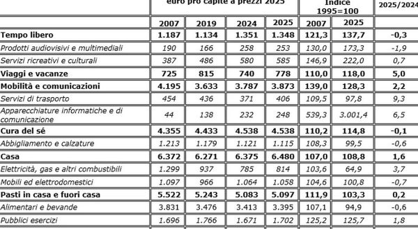 Consumi, negli ultimi 30 anni sprint per tecnologia e tempo libero