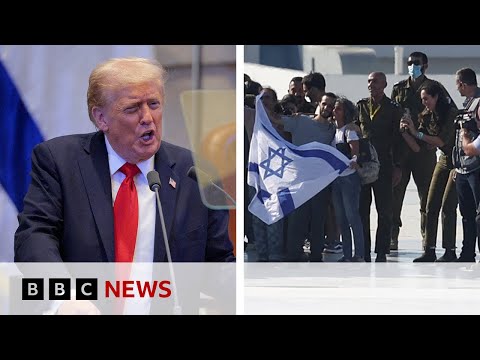 Hostages reunited with families as Trump greeted with cheers in Israeli parliament | BBC News