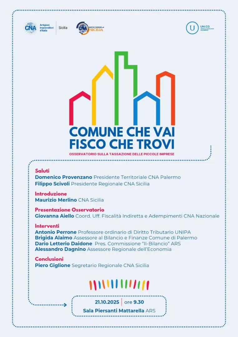 Cna Sicilia presenta il 21 ottobre a Palermo l’Osservatorio “Comune che vai, fisco che trovi”