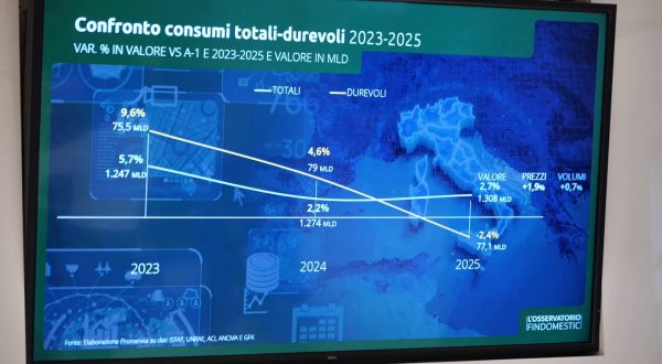 Beni durevoli, consumi in calo del 2,4%. La spesa nel 2025 scivola a 77 mld