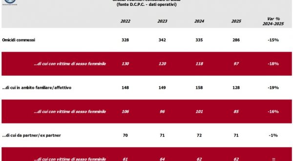 Sicurezza, nel 2025 in calo omicidi e femminicidi