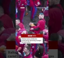 Town in Italy celebrates carnival by throwing oranges at each other. #BBCNews