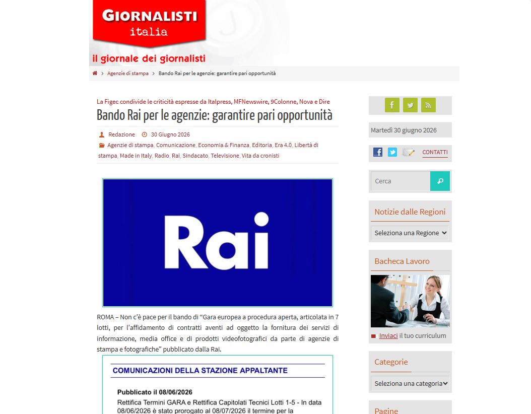 Bando Rai per le agenzie di stampa, Figec &ldquo;Non garantisce pari opportunit&agrave;&rdquo;