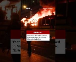 Teen shot and buses torched in Manhattan after NBA win for Knicks. #NewYork #Knicks #BBCNews