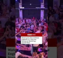 England fans celebrate 2-1 World Cup win over Norway. #BBCNews