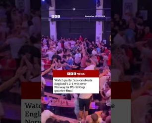 England fans celebrate 2-1 World Cup win over Norway. #BBCNews