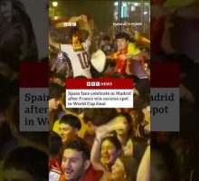 Spain fans celebrate in Madrid after France win secures spot in World Cup final. #BBCNews