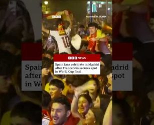 Spain fans celebrate in Madrid after France win secures spot in World Cup final. #BBCNews